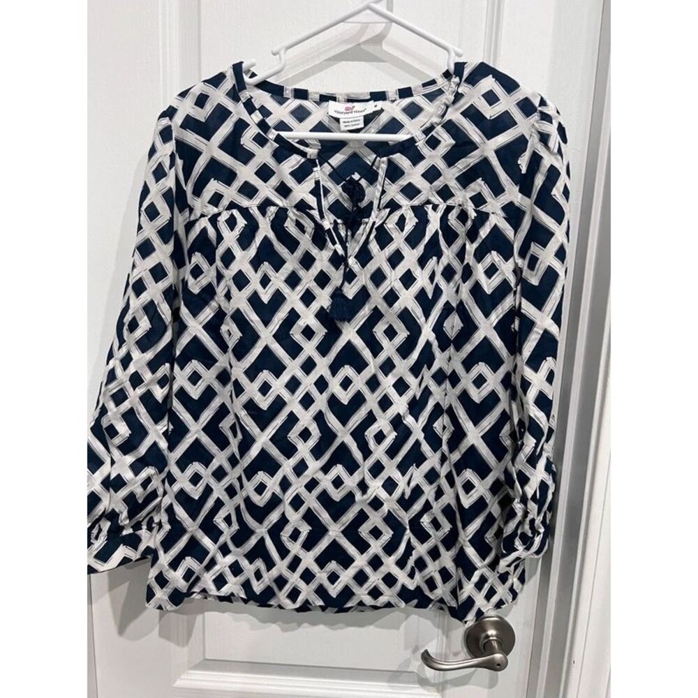 Vineyard Vines Women’s Medium Navy & White Geometric Print Cotton Blouse